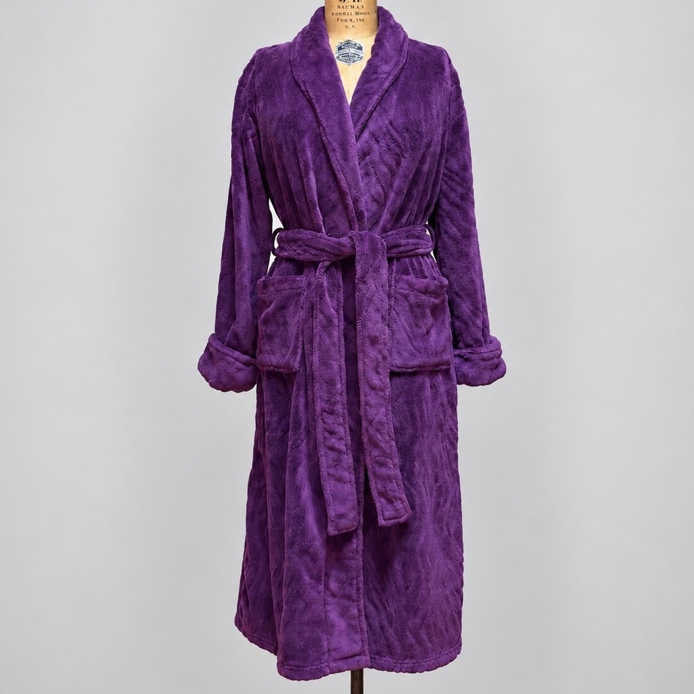 Natori Private Luxuries Plush Robe Womens M Purple Long Belted Fleece Cozy